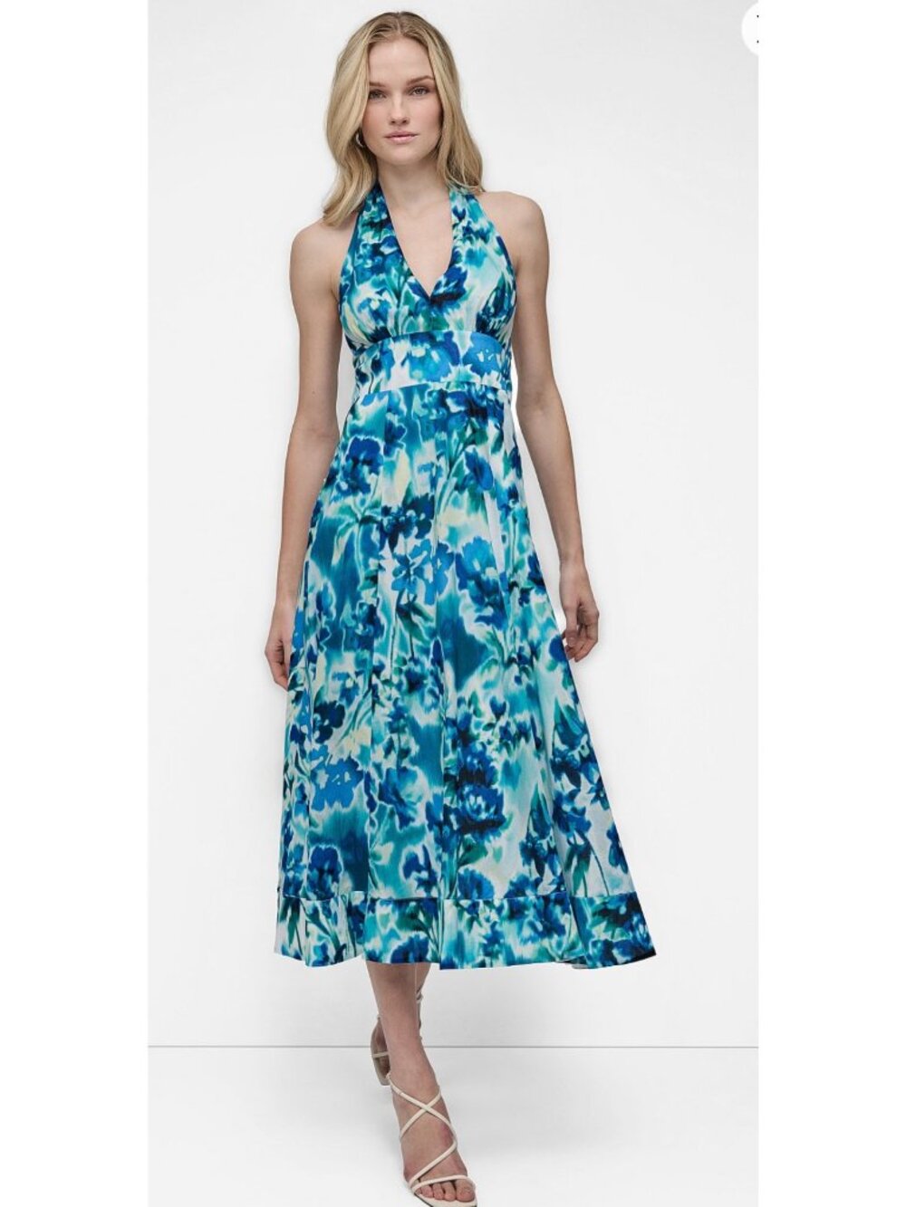 DKNY Blue Floral Halter Maxi Dress Womens Summer Sleeveless Tie-Back